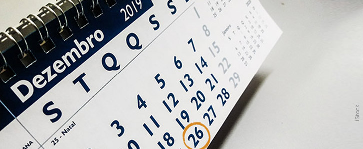 Educação financeira - Imagem de calendário de dezembro de 2019 com o dia 26 circulado
